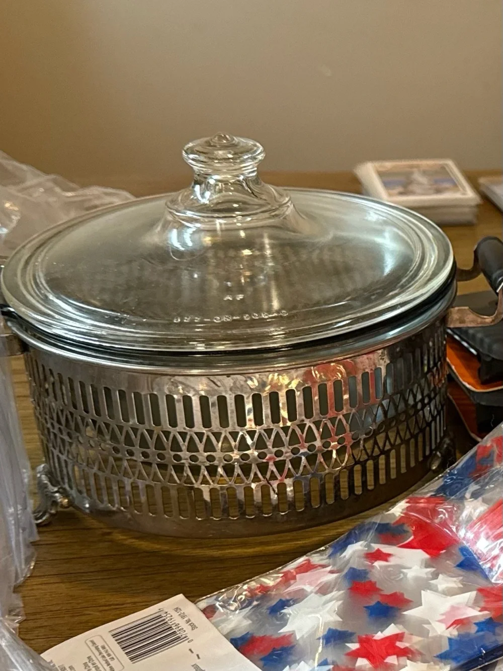 Vintage Pyrex Clear Glass Lid with Silver Metal Serving Holder